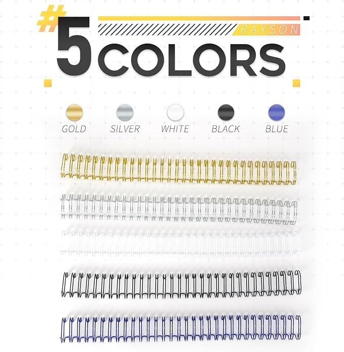 Rayson Wire Binding Spines, 5/8" 3:1 Pitch, 32-Loop, Multicolor, 50 Pack | Includes black, gold, blue, white and silver; choose 5/8" size for thicker documents with 3:1 pitch binders.