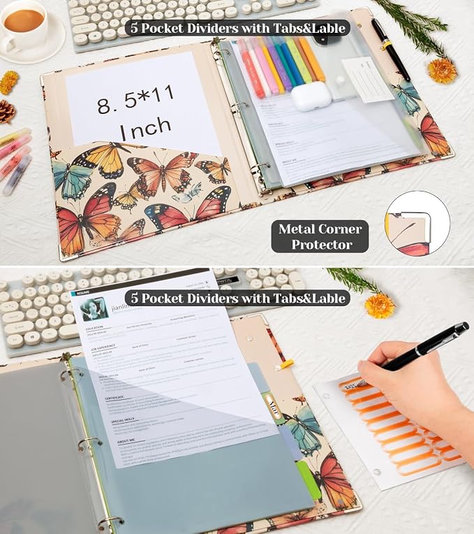 3 Ring Binder 1 Inch,BVSSX Three Ring Binders Organizer with Clipboard, 5-Tabs Pockets Dividers, Plastic Folder, 18 Divider Stikers,Pen Loop (Butterfly, Letter Size)
