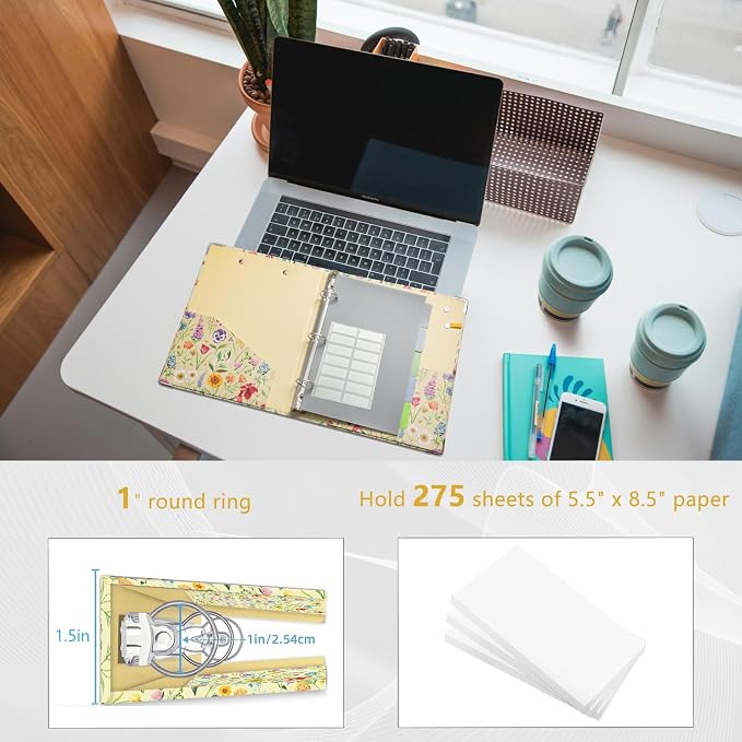 Mini Binder Organizer，1 Inch 3 Ring Binder with Clipboard, 5-Tabs Pockets Dividers, Plastic Folder, 18 Divider Stikers, Pen Loop (Garden Party, 5.5" x 8.5")