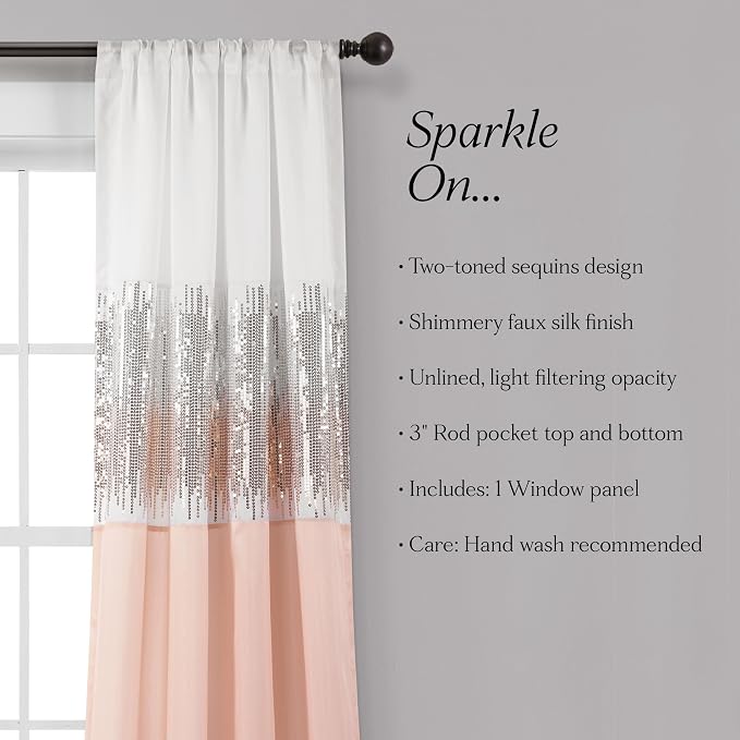 Lush Decor Night Sky Window Curtain Panel, Single 42"W x 84"L White & Blush - Sequin Backdrop Curtain - Room Darkening Curtains For Bedroom - Glam Decor