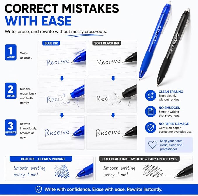 Volcanics 24 Pack Retractable Erasable Gel Pens, 12 Blue & 12 Soft Black Ink, 0.7mm Medium Point Clicker Erasable Pens with Built-in Eraser for School, Office, Note Taking and Journaling