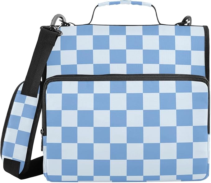 3 Ring Zipper Binder with Shoulder Strap Blue Checkered White Buffalo Plaid 1.5 inch Binders Keeper Large Capacity Multi Pockets for School Office Supplies