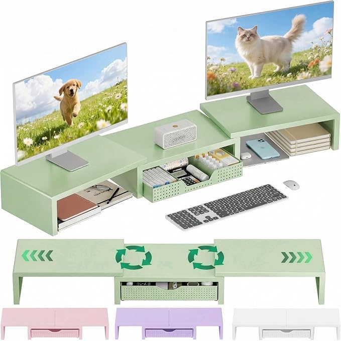 Dual Computer Monitor Stand Riser, Desk Organizer with Drawer, Office Desk Accessories & Workspace Organizers for Home Office Supplies, Green