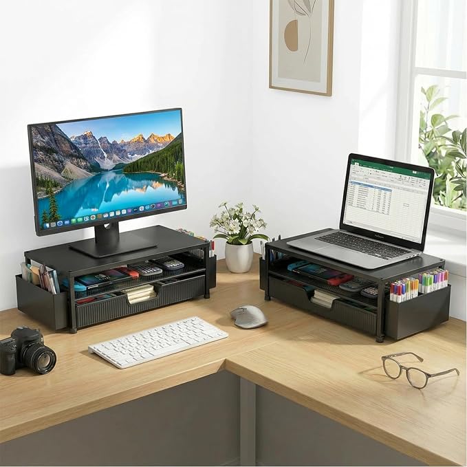 ECOLOVI Desk Organizer and Accessories, 2-Tier Computer Monitor Stand Rise with Storage Drawer & 2 Pen Holders, Laptop & Printer Stand for Desktop, Workspace Organizers for Office Supplies (Black)