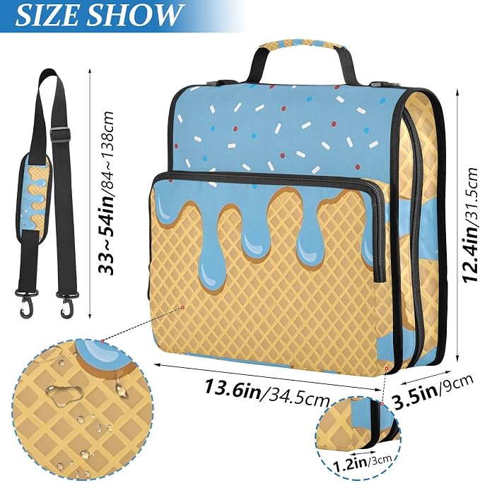 3 Ring Zipper Binder with Shoulder Strap Blue Ice Cream 1.5 inch Binders Keeper Large Capacity Multi Pockets for School Office Supplies