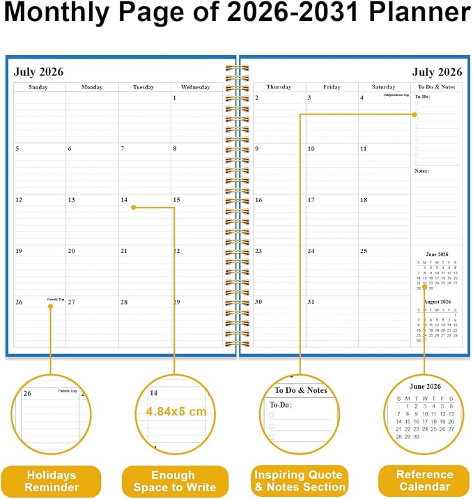 5 Year Planner 2026-2030 - July 2026 to June 2031, 8.5" x 11", Pink