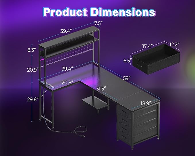 AODK L Shaped Desk Gaming Desk with LED Light & Power Outlet | 59 Inch Black Reversible L Shaped Computer Table with 4 Drawers for Home Office