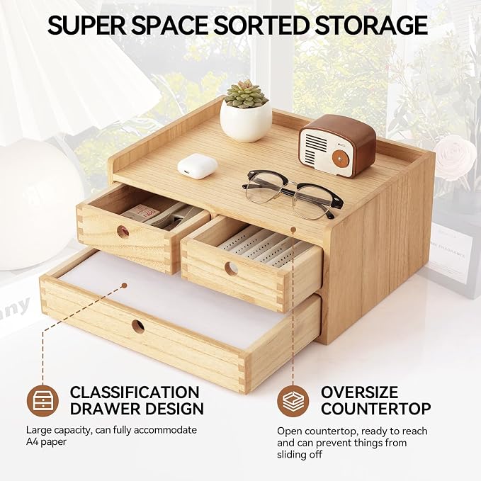 KIRIGEN Wooden Desk Organizer with 3 Drawers and Top Tray Natural DT2D3C-NA | 3-Drawer Cabinet with Top Shelf Stores Papers, Office Supplies, Cosmetics, Crafts, and Small Accessories on Desks or Counters
