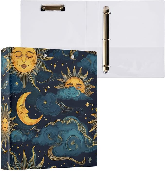 3 Ring Binder Moon Sun Galaxy Astrology 1.5 inch Binders Three Ring Binders with Clipboard Fit 8.5'' x 11'' Paper 3 Interior PVC Clear Pockets for Office Supplies