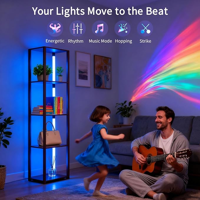 RGBCW Floor Lamp with Shelves, LED Smart Modern Floor Lamp with Music Sync, Color Changing Corner Display Shelf Lamp, Standing Lamp with Shelves for Living Room and Bedroom, Office, Brown
