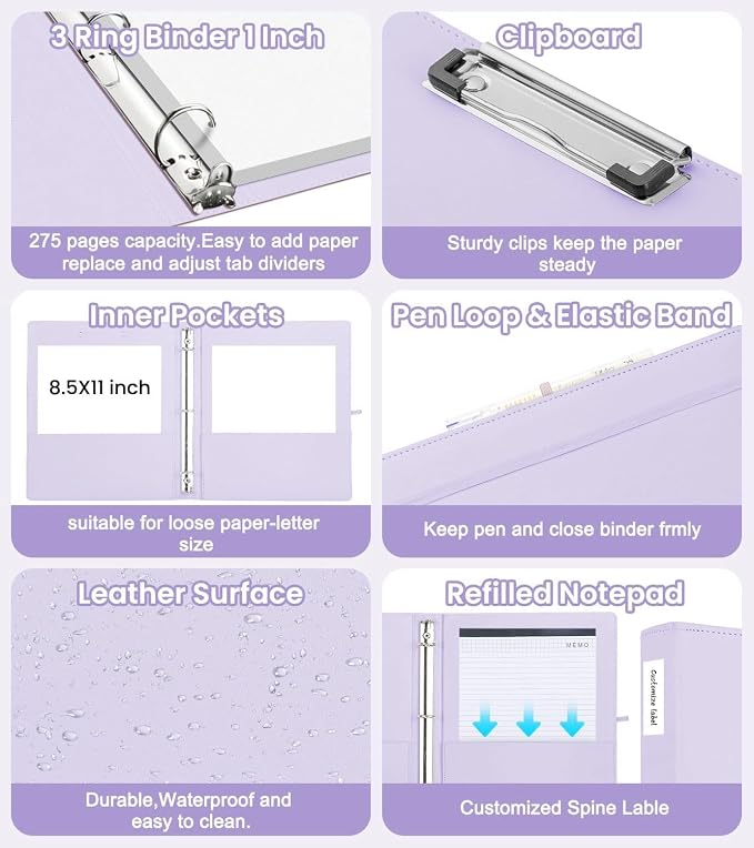3 Ring Binder with Clipboard,1 Inch Binders with Notepad&5 Dividers with Pockets, Labels,PU Clipboards for School Office(Purple,Letter Size)