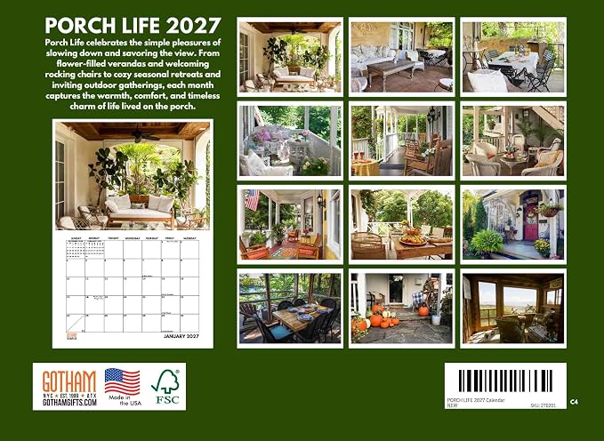 Porch Calendar 2027 Porches Monthly Wall Calender 12 Month | American Made In The USA
