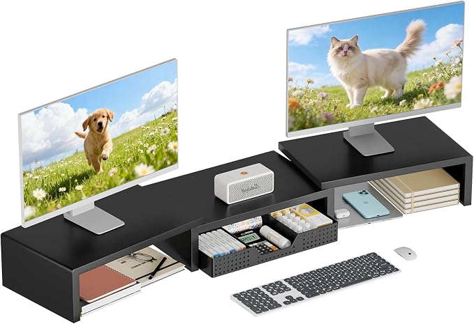 Dual Computer Monitor Stand Riser, Desk Organizer with Drawer, Office Desk Accessories & Workspace Organizers for Home Office Supplies, Black