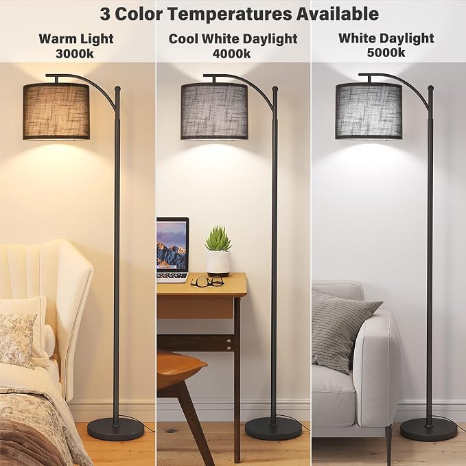 SUNMORY Arc Floor Lamp, Modern Floor Lamp with 3 Color Temperatures Bulb | 12W Metal Standing Lamps with Adjustable Hanging Lampshade, Tall Floor Lamps for Living Room, Bedroom, Office