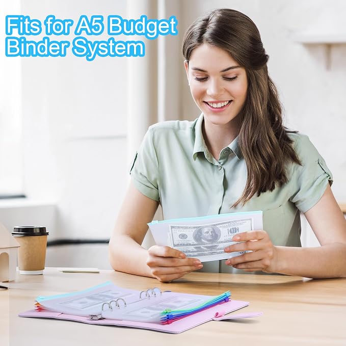 Antner 20PCS A5 Binder Pockets 6-Hole Cash Stuffing Envelopes for Money Saving, 10 Assorted Color Zipper Pouch Folders Budget Planner Inserts Loose Leaf Money Organizer Bags for A5 6-Ring Binder