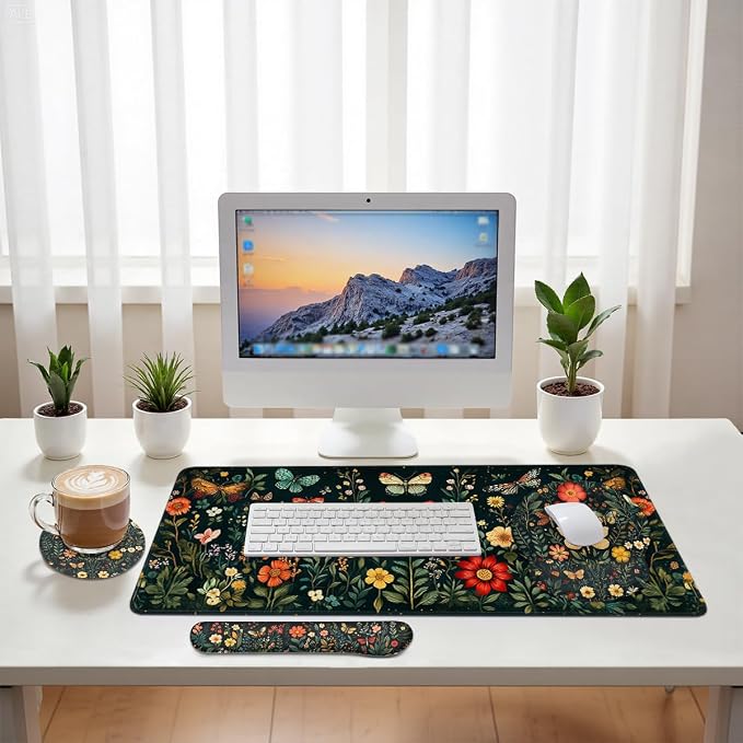 Butterfly Mouse Pad Set Colorful Floral Garden Fantasy Gaming Mousepad 4in1 Desk Mat for Desktop Anti-Slip XXL Big Computer Ergonomic Mousepad with Wrist Support for Keyboard and Mouse