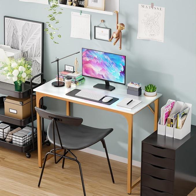 PayLessHere | 39 Inch Computer Desk | White Gold | Sturdy Office Desk | Metal Frame, Adjustable Feet | Water-Resistant, Scratchproof Surface | Writing Table for Home Office or Study | Pack of 1