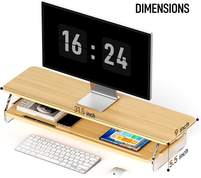 Bamboo Dual Monitor Stand for Desk,31.5 In 2 Tier Computer Riser Organizer | Desk Organizer Adjustable Arylic Feet Computer Monitor Stand, Desk Shelf for Office