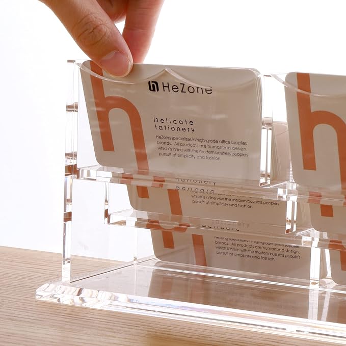 HeZone Business Cards Holder Display for Desk, Clear Acrylic Multiple 3 Tier 6 Slot Business Card Stand, Holds 300 Cards-1 Pack (6 Slots-H)