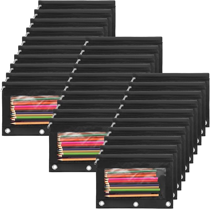30Pack 3 Ring Binder Pencil Pouch with Zipper Black, Clear Window Pen Holder Case for Office, and Home Organization, Waterproof Oxford Fabric, Fits Standard 3 Ring Binders