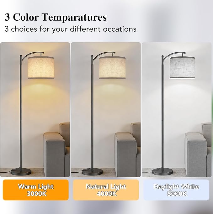 Floor Lamp for Living Room with 3 Color Temperatures LED Bulb, Standing Lamp Tall Industrial Floor Lamp Reading for Bedroom, Office (9W LED Bulb, Beige Lampshade Included) -Grey