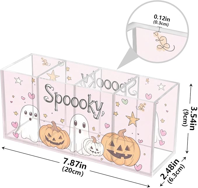 Halloween Cartoon Ghost Clear Acrylic Cutlery and Pen Organizer, Acrylic Plastic Pencil Holder Square 4 Compartments Large Capacity Acrylic Pencil Holder Desk Pencil Organizer