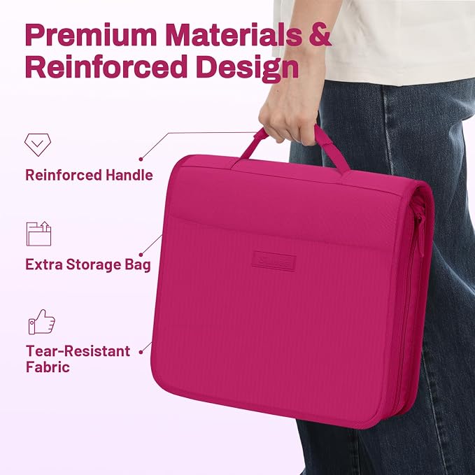 SUNEE Zipper Binder with Handle, 1.5 Inch O-Ring, 325 Pages Capacity, with 5-Tab Expanding File Folder for Classified Storage, Small Size Lightweight Zipper Bag for Middle School Students, Berry Pink