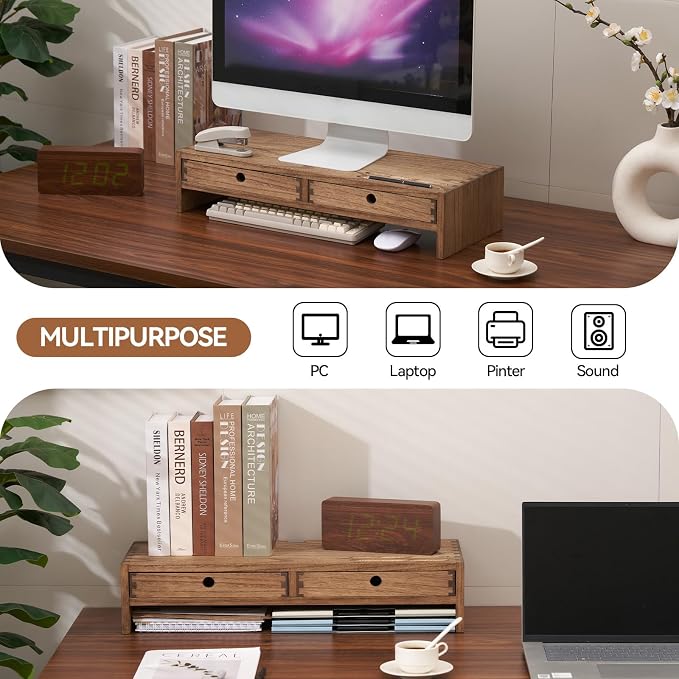 KIRIGEN Solid Wood Monitor Stand with 2 Drawers, Desk Riser, Brown PMJ-DBR | Desktop Organizer with Cable Opening and Pen Slots Stores Office Supplies, Supports Up To 50 Lb and Arrives Fully Assembled