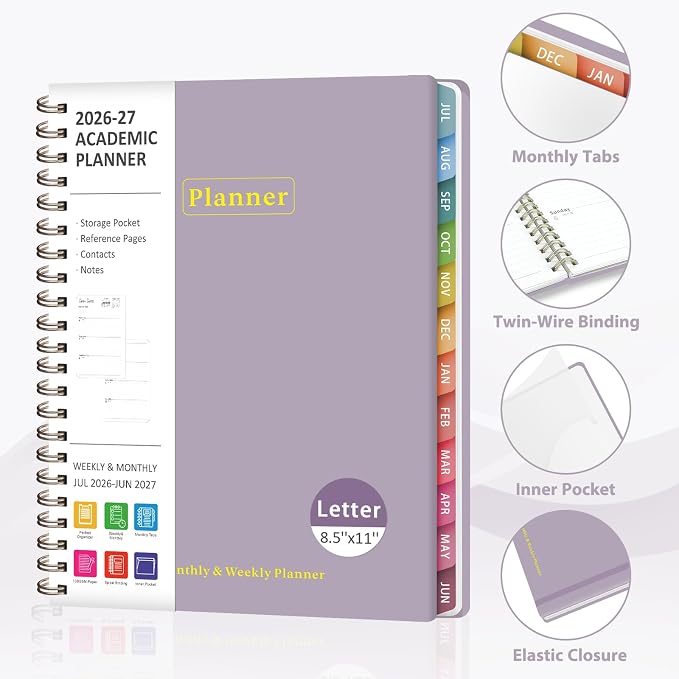 Planner 2026-2027, Academic Weekly and Monthly Calendar Planner, July 2026 - June 2027, Hardcover Spiral Agenda Book, School Supplies for Teacher Student - Letter Size(8.5" x 11")