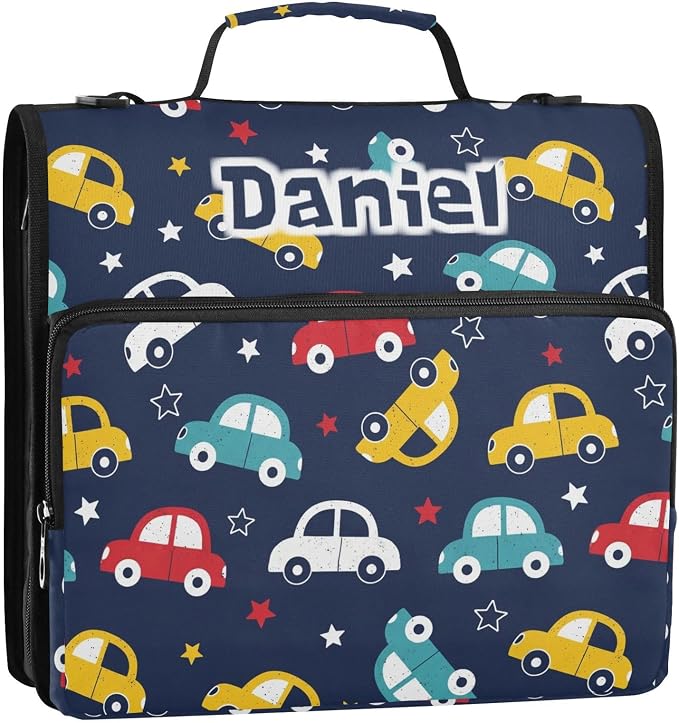 Custom Cars Stars Black Pattern 3 Ring Zipper Binder with Shoulder Strap & Handle 1.5 Inch D-Ring Zippered Bag with Multiple Pocket, Personalized Binder Organizer for School or Office
