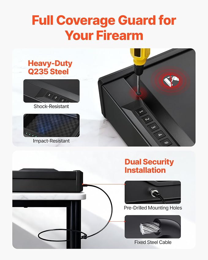 VEVOR Gun Safe, Heavy Duty Handgun Safe with Fingerprint/Password/Key, 3-Way Quick Access Firearm Case Box with Lighting for 2 Pistols & 2 Magazines, Pistol Gun Box for Nightstand Bedside Desk Car