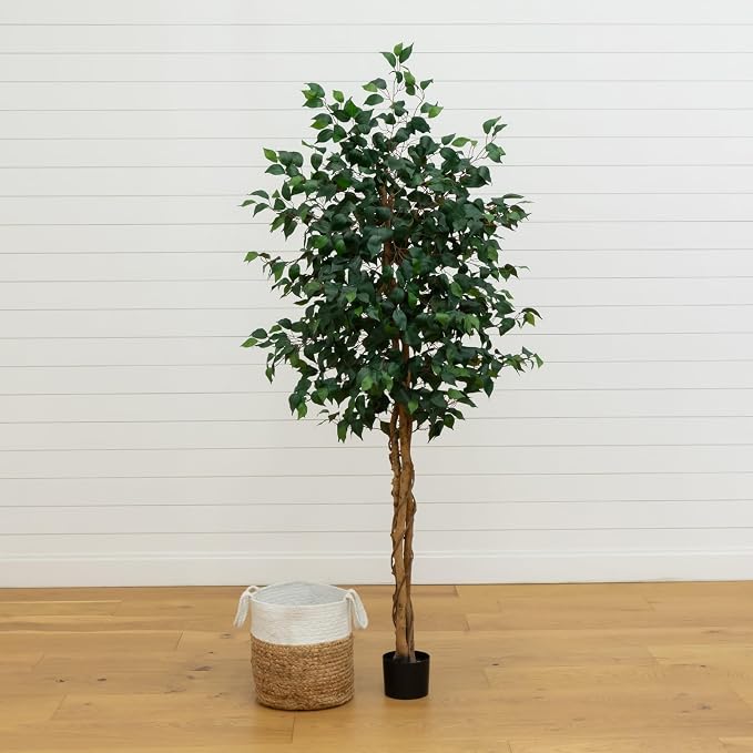 Nearly Natural 6 ft. Triple Trunk Ficus Artificial Tree with Jute Pot | Lifelike Green Foliage, Woven Cotton Basket, Maintenance-Free, Great for Entryways or Offices