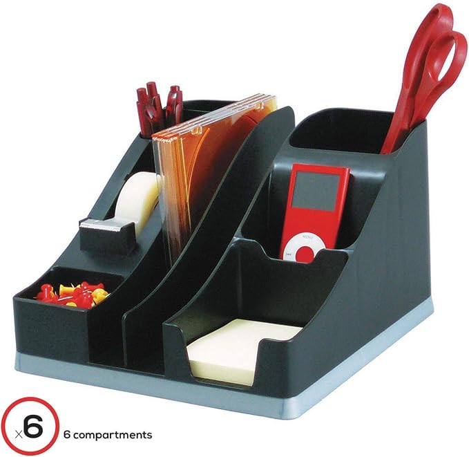 deflecto Silhouettes All-In-One Caddy, 6 Compartments, Plastic, 8.13 x 9.13 x 5.19, Black/Silver