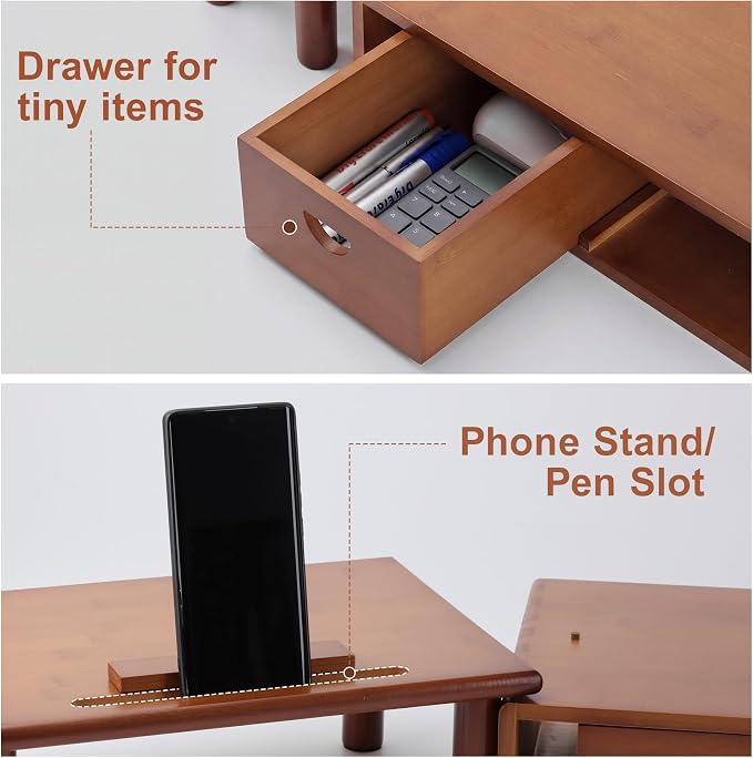 Dual Monitor Stand Riser with Drawer for Desk Laptop | Desk Shelf with Adjustable Length and Angle, Bamboo Computer Stand Riser for 2 or 3 Monitors Screen Laptop PC TV Brown