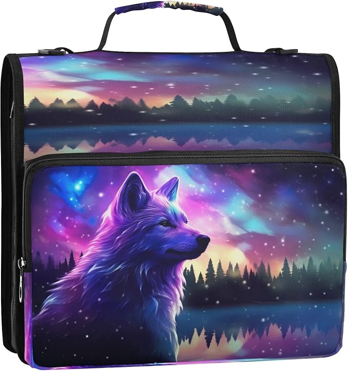 Stars Wolf Print Zipper Binder Bag 3 Ring with Shoulder Strap & Handle Multi Pocket Binder Organizer Bag Large Capacity for School Office Supplies