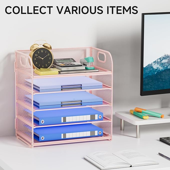 5-Tier Stackable Paper Organizer with Handle, Pink | Metal Mesh Letter Tray, Stylish Desk File Sorter for Office, Home & Classroom Supplies
