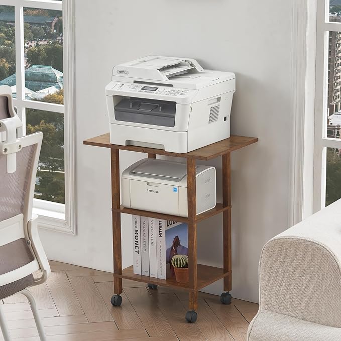 YUFAM 3 Tier Home Printer Stand with Storage, Brown | Wooden Mobile Printer Table Shelf, Rolling Printer Cart Shelf with Lockable Wheels fit Fax Machine, Scanner