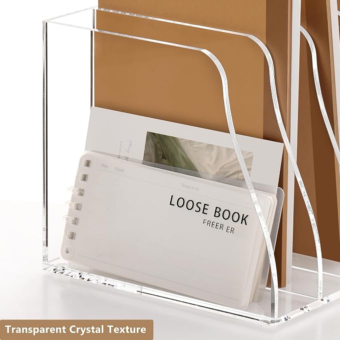 SANRUI Acrylic Magazine File Holder Desk Organizer, Clear 4 Compartments | Workspace Document Sorter, Vertical Folder Rack Binder for Office Home Classroom Tablet, Books & Accessories Storage