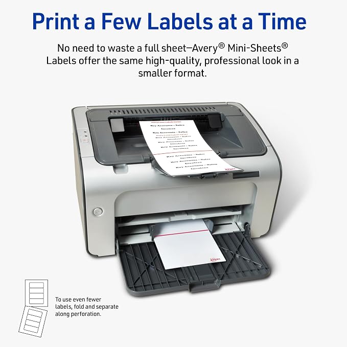 Avery® Printable Mini-Sheets® File Folder Labels, 2/3" x 3-7/16", Matte White, Permanent Adhesive, Laser/Inkjet Compatible, 300 Blank Stickers Total, Great for Printing a Few Labels at a Time (2181)