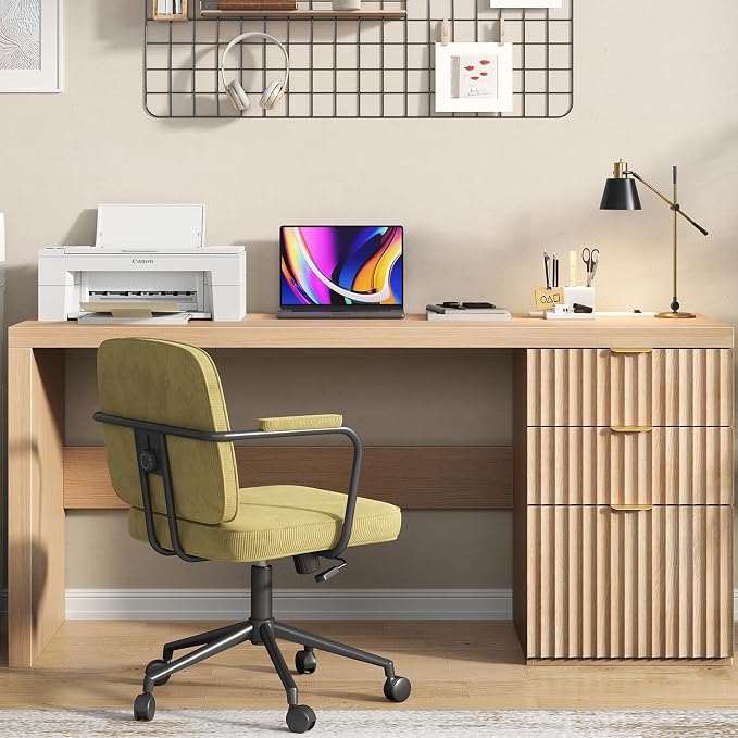 60" Fluted Executive Desk with Ample File Drawer & Large Charging Station, Wood Modern Home Office Desk with Storage, Computer Writing Desk for Work, Living Room, Bedroom, Durable & Sturdy, Natural