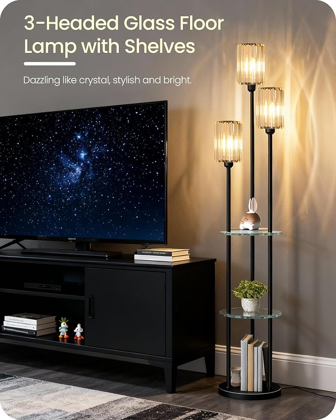 Black Floor Lamp with Shelves, Modern Floor Lamp with 3 Crystal Shades and Foot Switch, 3-Light Standing Lamp, for Living Room, Bedroom, Study, Office, Black B53LD05