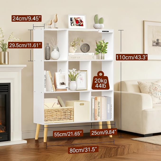 7-Cube Bookshelf with LED Lights, Touch & Remote Control, Freestanding Open Bookcase Storage Shelf, Dimmable Modern Wooden Display Organizer with Legs for Living Room, Bedroom, Office(White)