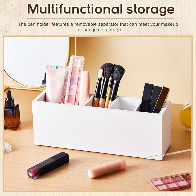 Jetec Wooden Pencil Pen Holder for Desk 5 Compartments Cosmetic Makeup Brush Stationery Office Desktop Organizers for Countertop Adjustable Silverware Caddy for Party, Art Supplies,Home(White)