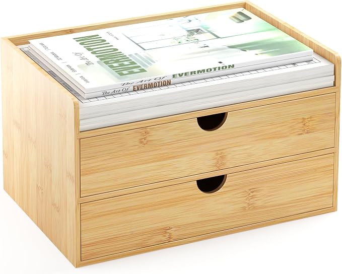 Bamboo Desk Organizer with Drawers, Desktop Storage Box for Office Supplies | 2 Drawers Desktop organizer, No Assembly Required, Natural Wood Wooden Desktop Drawers for Bills, Cosmetics, Seals, Paper