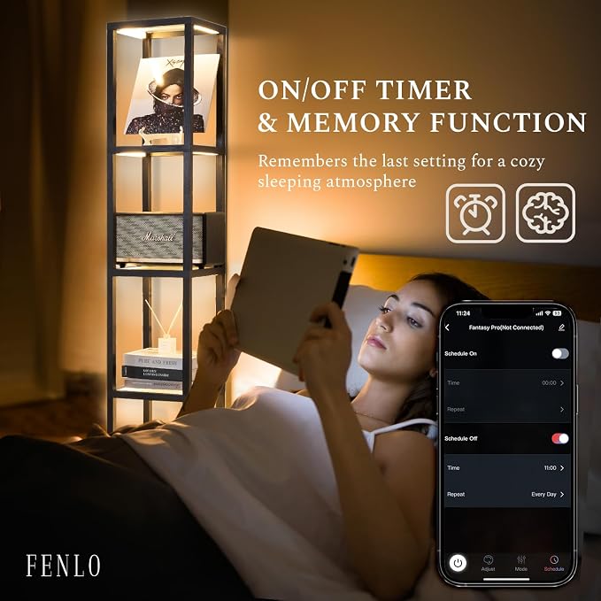 FENLO Fantasy Pro - 66" Glass Dimmable LED Floor Lamp with Shelves for Bedroom, Tempered Glass Display Shelf Lamp for Living Room, Open Display Stand for Business, Long Lasting LED, Unique Home Decor