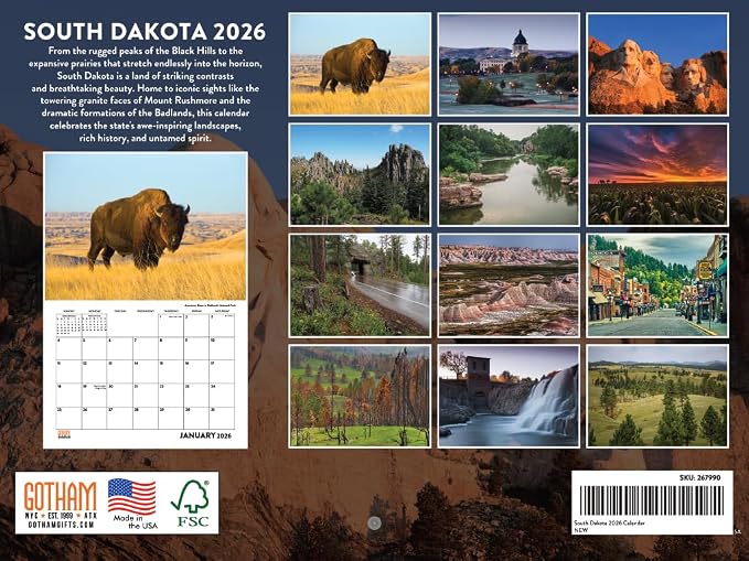 South Dakota Calendar 2026 Wall 12 Month Monthly SD Scenic Souvenirs Themed Gifts | American Made In The USA