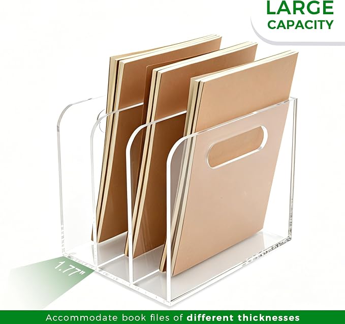 Lovemolly 3-Slot Clear Acrylic Magazine File Holder, Vertical Desk Organizer with Handle – No-Assembly Document Sorter for Office & Home, 7.48 x 6.69 x 6.3 in