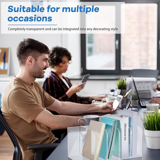 Suzile Clear Acrylic Magazine File Holder with Vertical Compartments Desk Organizer Book Rack for Desk Sorter Paper Folder Office Accessories(Classic,14.2 x 7.2 x 6.5 Inch)