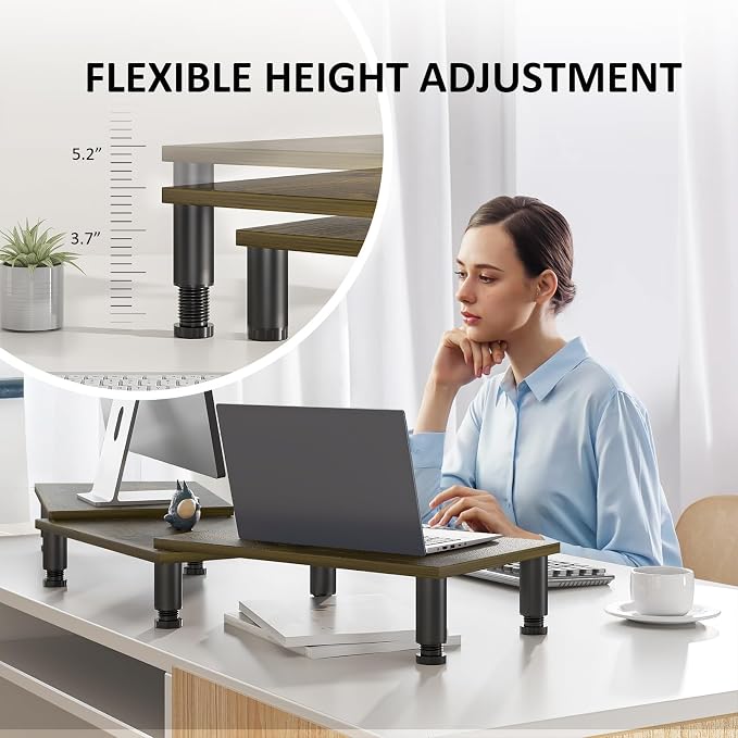 Dual Monitor Stand Riser, Monitor Stand with Adjustable Length and Angle, Wood Monitor Stand for Desk, Monitor Riser for 2 Monitors with Storage Space
