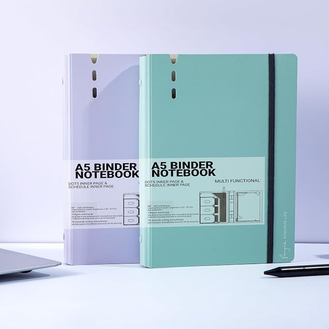 CAGIE 2 Pack A5 Binder 6 Ring Refillable Notebook, Dividers & Pockets | Daily Planning Square Ruled and Dotted Pages, 6.89 x 9.25 In, Refill Paper Included (Purple & Blue, A5 Daily & Dot Page)